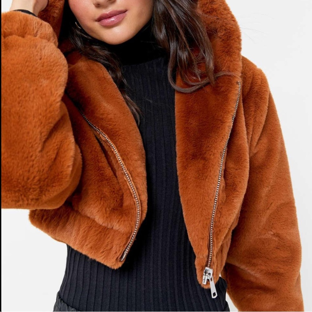 Urban Outfitters Faux Fur Hooded Cropped Jacket  | Color: Brown | Size: S | NWT